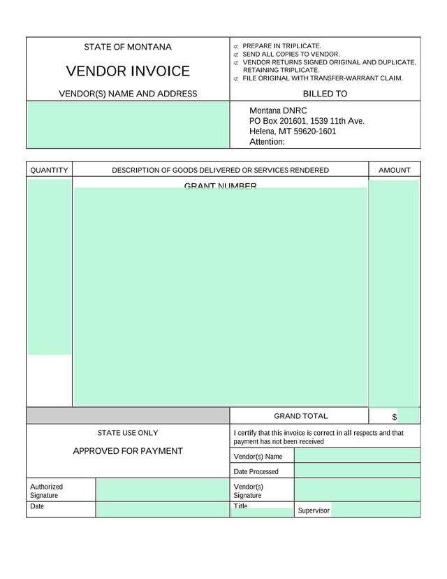 STATE OF MONTANA VENDOR INVOICE screenshot