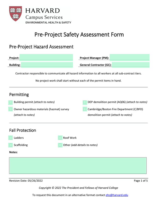 Pre Project Safety Assessment Form screenshot