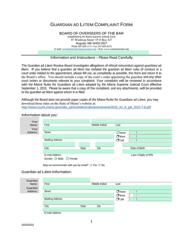 Guardian Ad Litem Complaint Form screenshot
