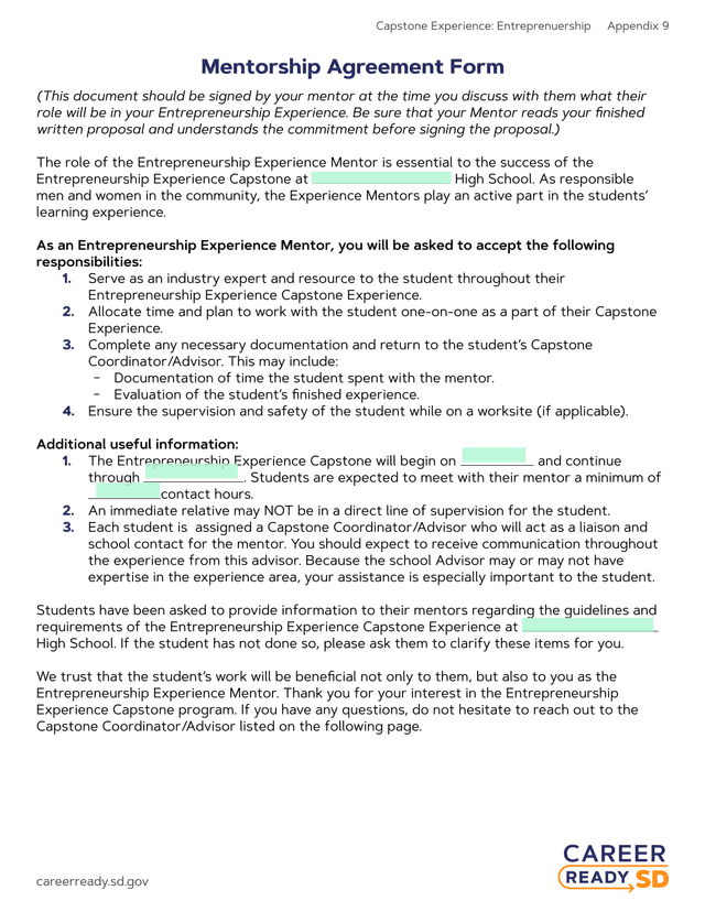 Mentorship Agreement Form screenshot