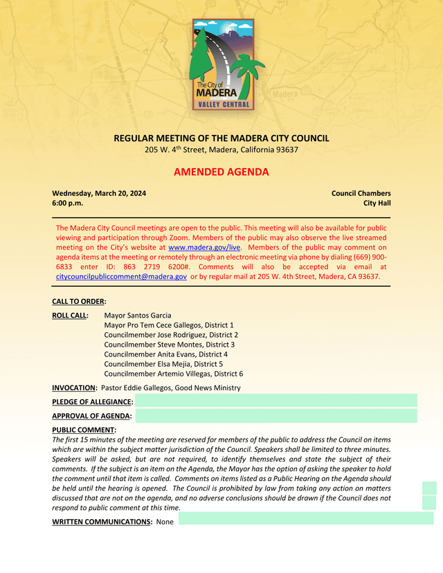 Madera City Council Agenda screenshot