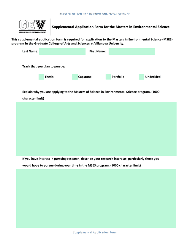 Master Of Science In Environmental Science Supplemental Application Form screenshot