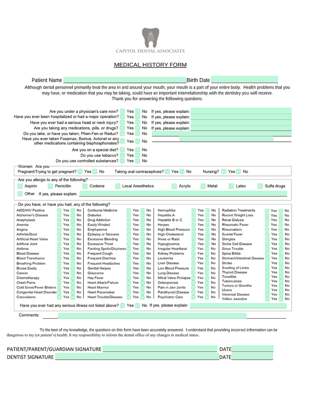 MEDICAL HISTORY FORM screenshot