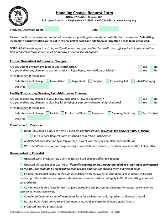 Handling Change Request Form screenshot