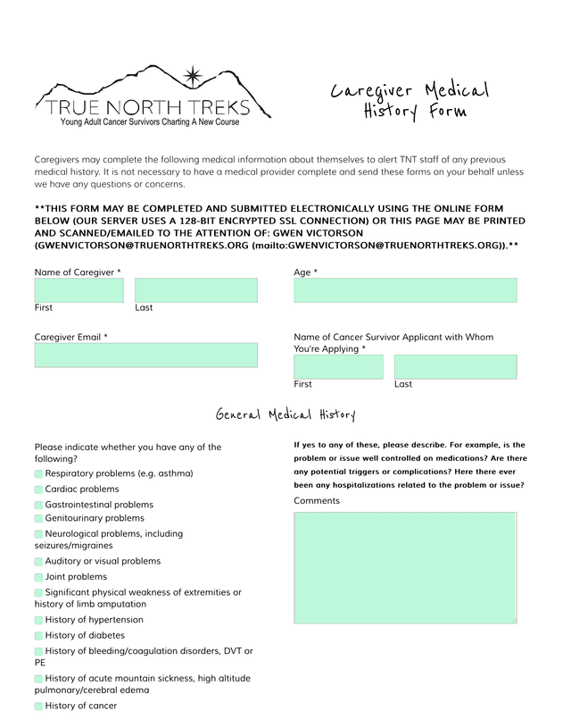 Caregiver Medical History Form screenshot