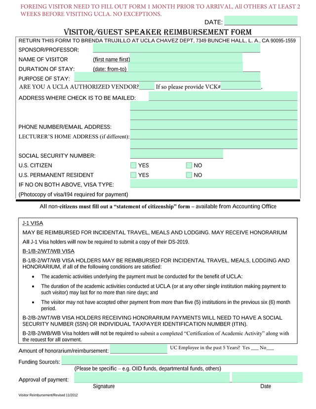 VisitorGuest Speaker Reimbursement Form screenshot