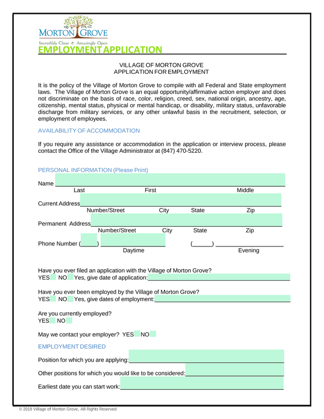VILLAGE OF MORTON GROVE APPLICATION FOR EMPLOYMENT screenshot