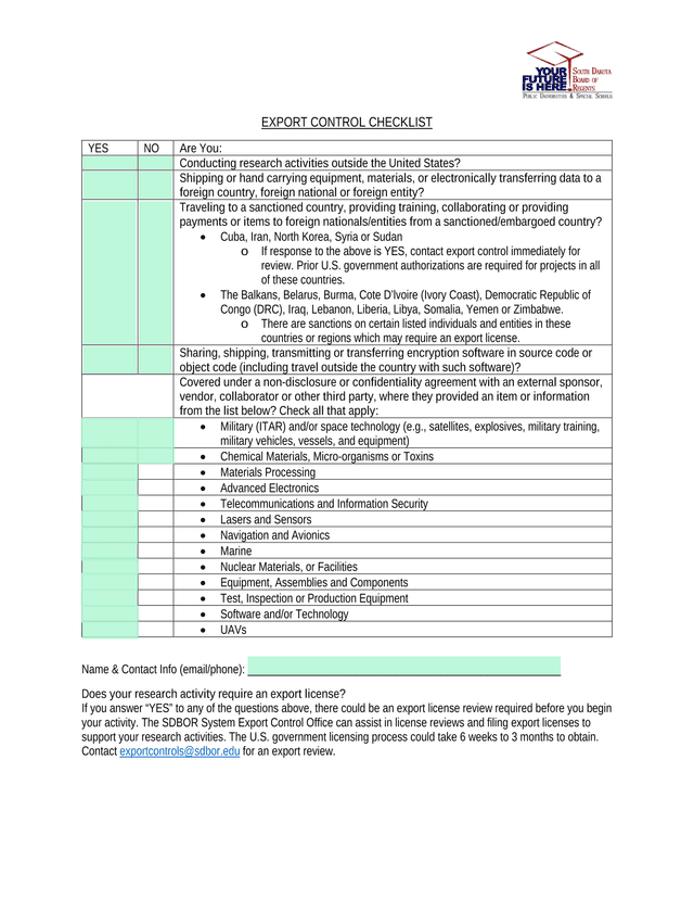 Export Control Checklist screenshot