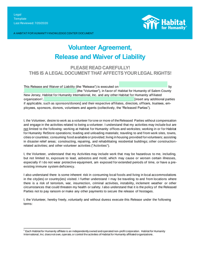 Volunteer Agreement, Release And Waiver Of Liability screenshot