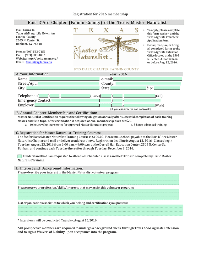 Registration For 2016 Membership   Bois DArc Chapter Texas Master Naturalist screenshot