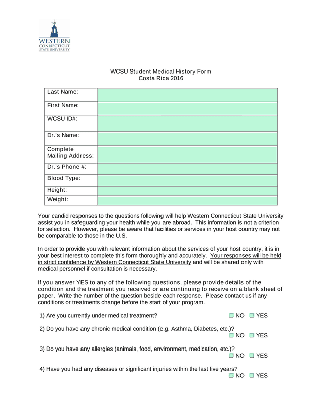 WCSU Student Medical History Form screenshot