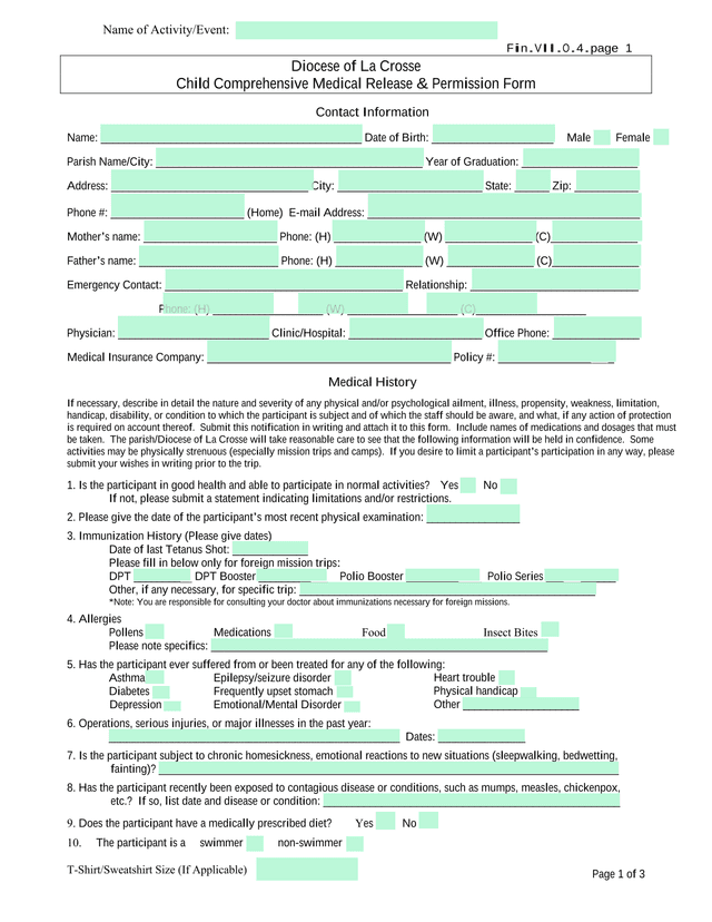 Child Comprehensive Medical Release  Permission Form screenshot