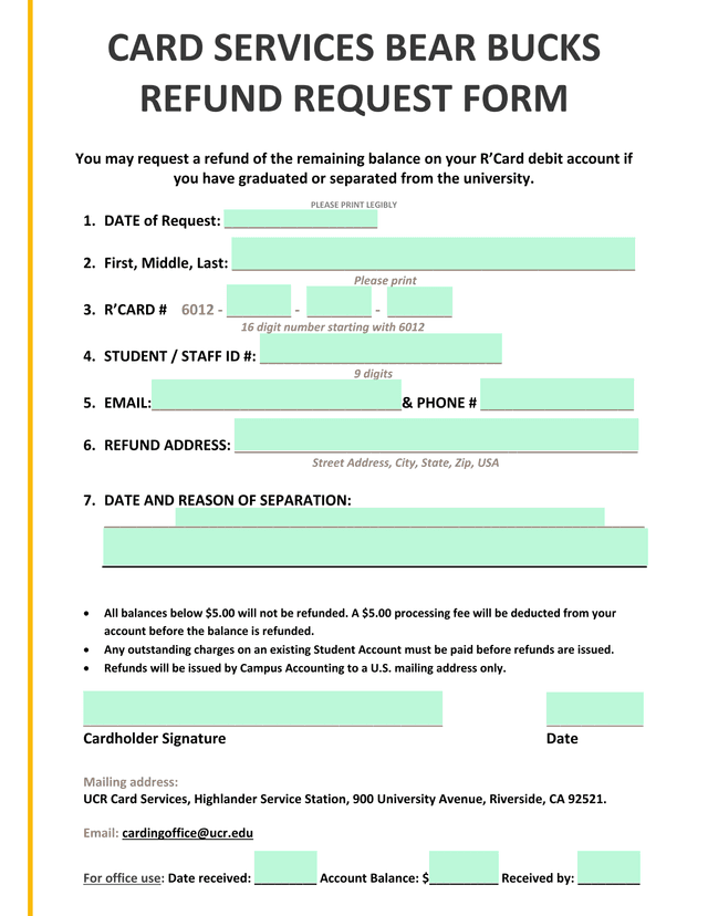 CARD SERVICES BEAR BUCKS REFUND REQUEST FORM screenshot