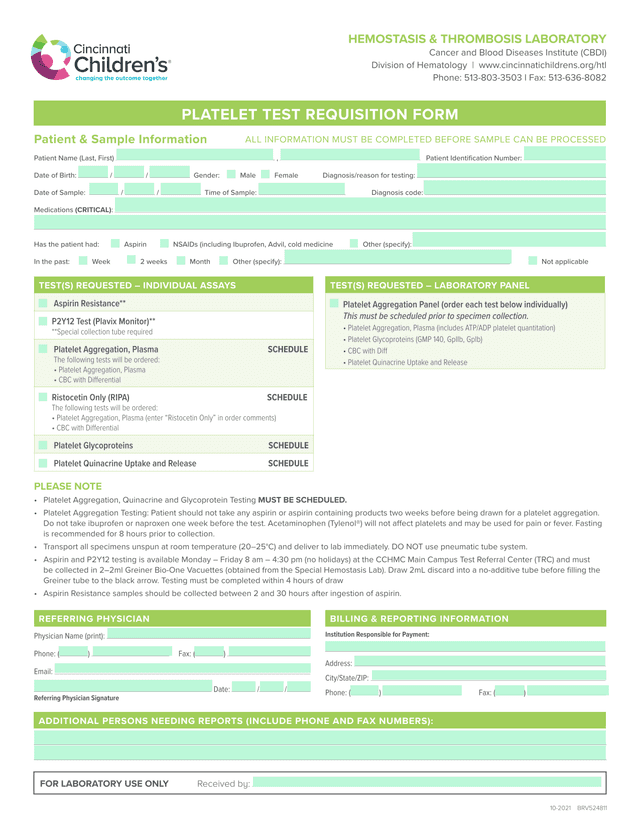 PLATELET TEST REQUISITION FORM screenshot