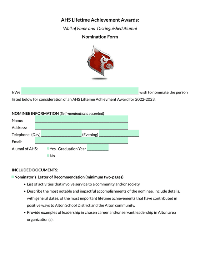 AHS Lifetime Achievement Awards Wall Of Fame And Distinguished Alumni Nomination Form screenshot
