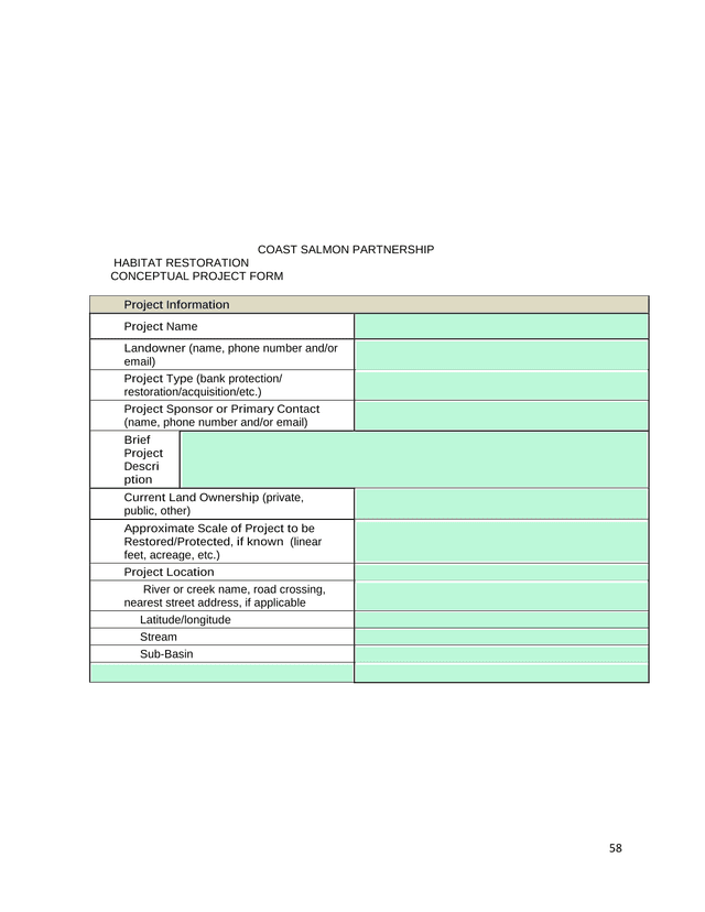 Coast Salmon Partnership Habitat Restoration Conceptual Project Form screenshot