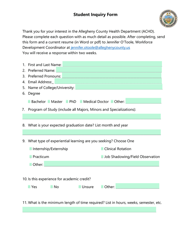Student Inquiry Form screenshot