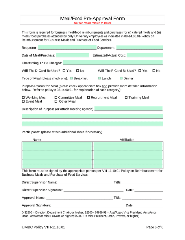 MealFood Pre Approval Form screenshot