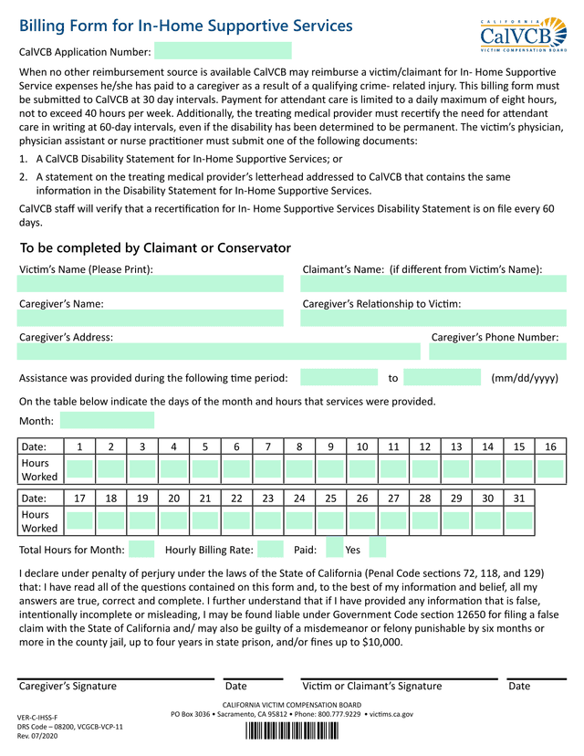 Billing Form For In Home Supportive Services screenshot