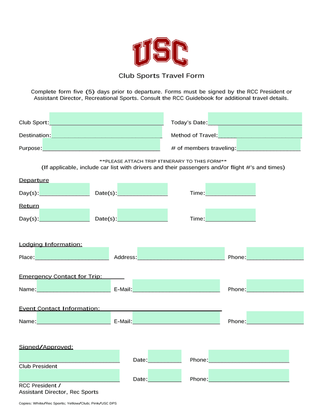 Club Sports Travel Form screenshot