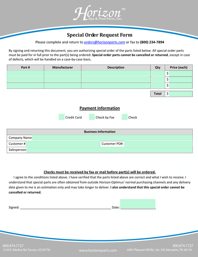 Special Order Request Form screenshot
