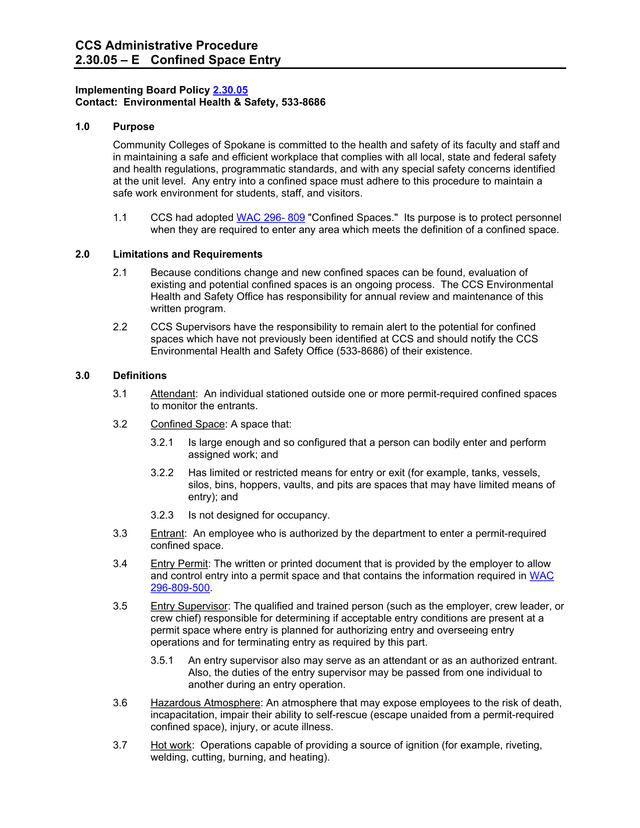 CCS Administrative Procedure 2.30.05  E Confined Space Entry screenshot