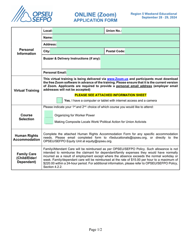 Region 5 Weekend Educational Application Form screenshot