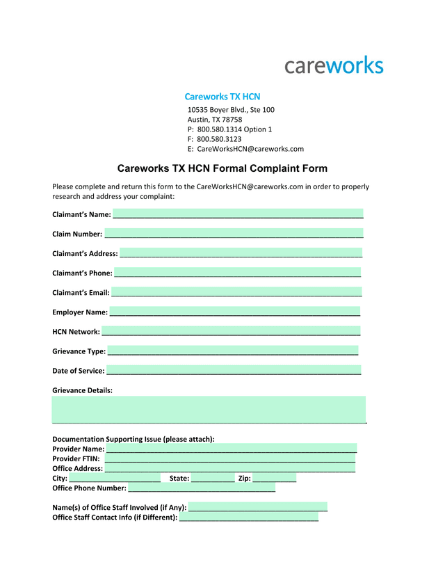 Careworks TX HCN Formal Complaint Form screenshot
