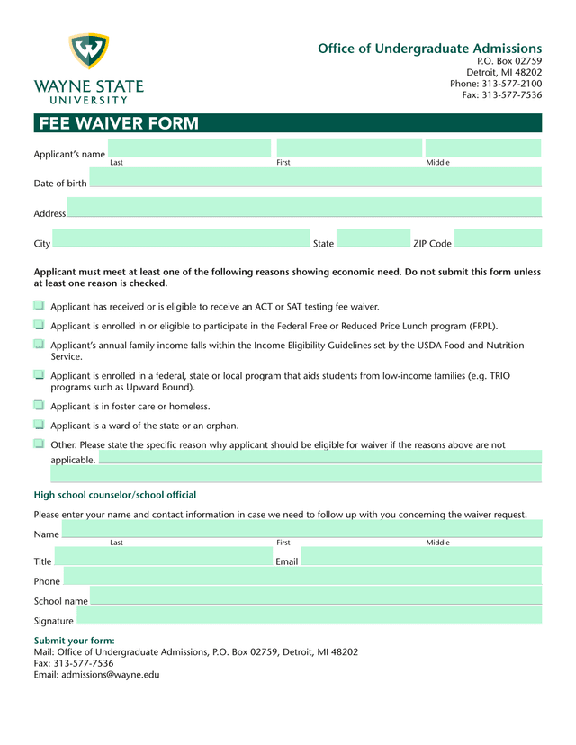 Fee Waiver Form screenshot