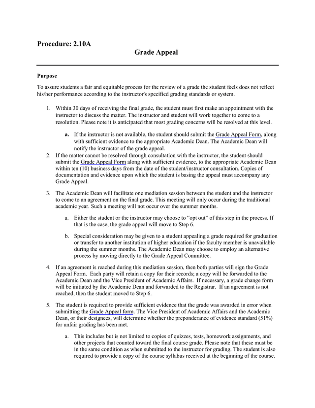 Grade Appeal Procedure 2.10A screenshot