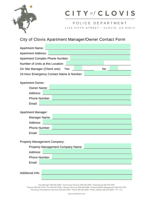 City Of Clovis Apartment ManagerOwner Contact Form screenshot