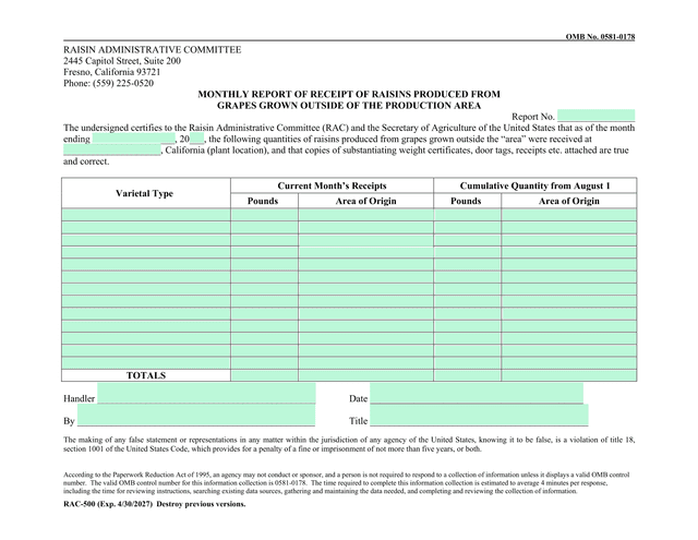 Monthly Report Of Receipt Of Raisins Produced From Grapes Grown Outside Of The Production Area screenshot