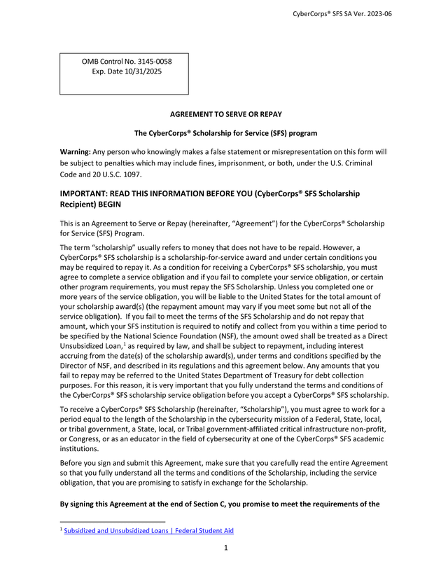 CyberCorps SFS Scholarship Agreement To Serve Or Repay screenshot