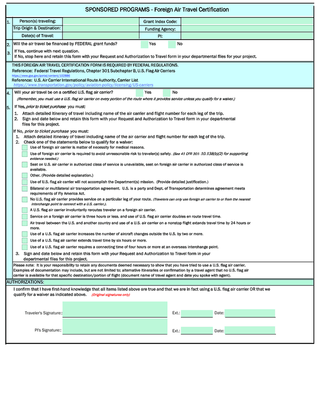 Foreign Air Travel Certification Form screenshot