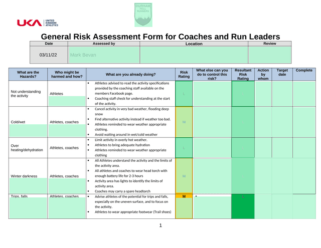 General Risk Assessment Form For Coaches And Run Leaders screenshot