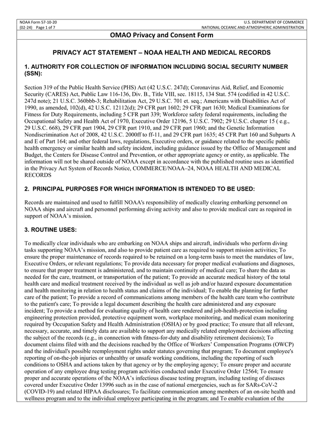 NOAA Form 57 10 20 OMAO Privacy And Consent Form screenshot