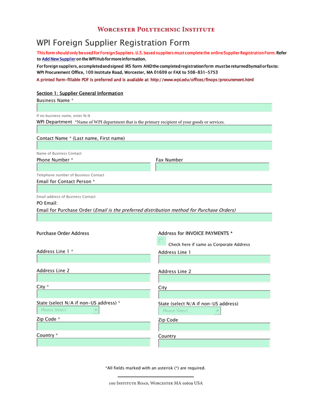 WPI Foreign Supplier Registration Form screenshot