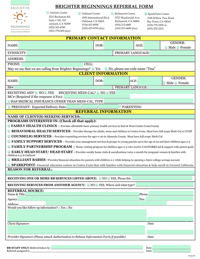 BRIGHTER BEGINNINGS REFERRAL FORM screenshot