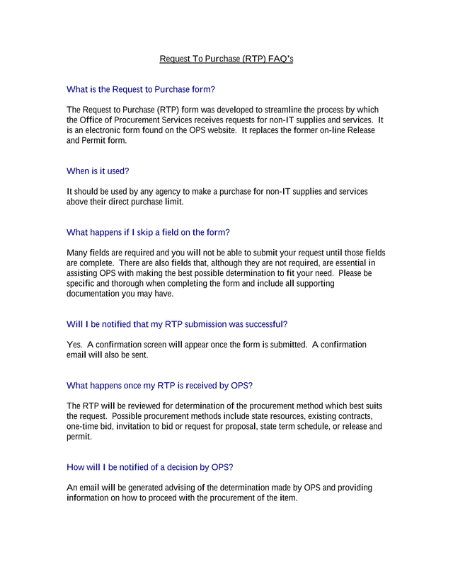 Request To Purchase (RTP) FAQS screenshot