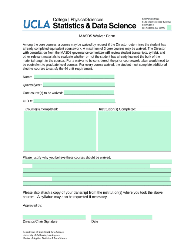 MASDS Waiver Form screenshot