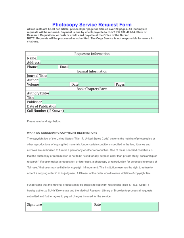 Photocopy Service Request Form screenshot