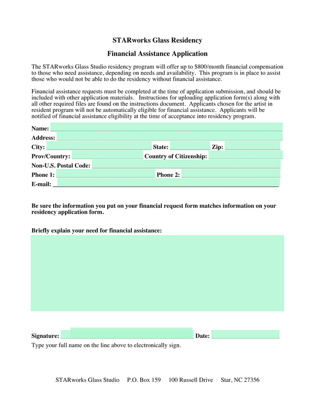 STARworks Glass Residency Financial Assistance Application screenshot
