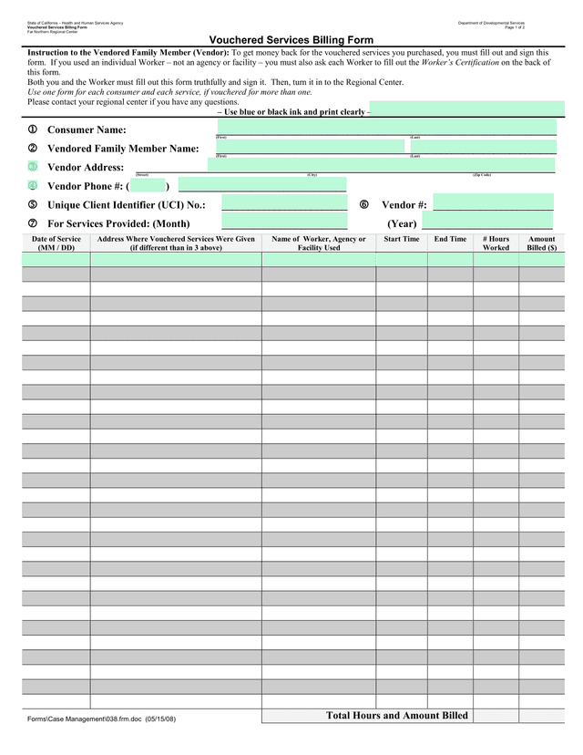 Vouchered Services Billing Form screenshot