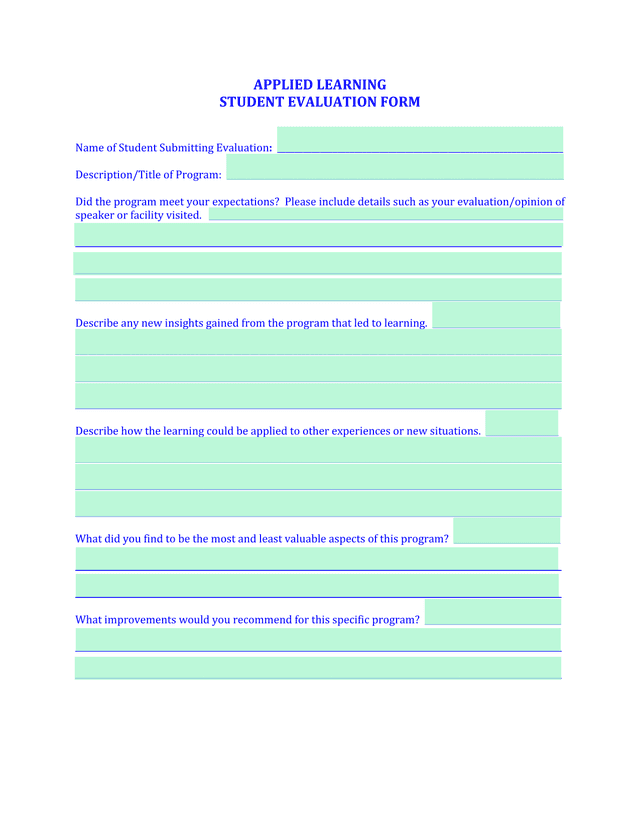 APPLIED LEARNING STUDENT EVALUATION FORM screenshot