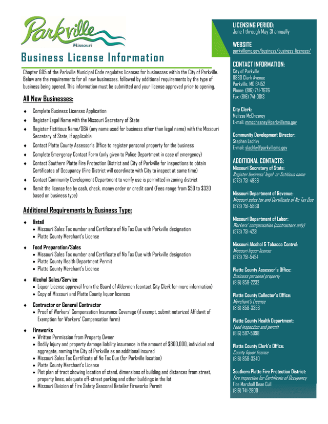 Parkville Business License Requirements screenshot