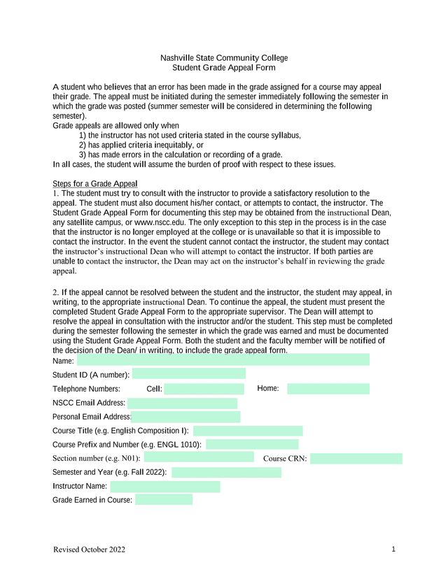 Student Grade Appeal Form screenshot