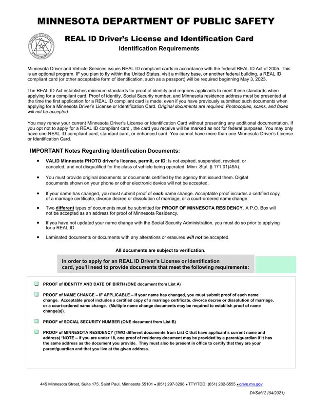 REAL ID DriverS License And Identification Card Identification Requirements screenshot