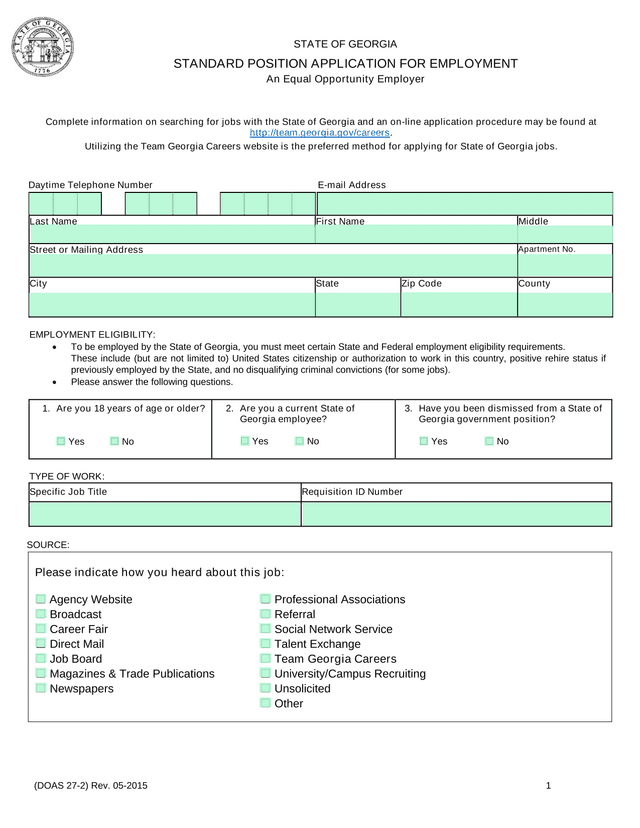 STATE OF GEORGIA STANDARD POSITION APPLICATION FOR EMPLOYMENT screenshot