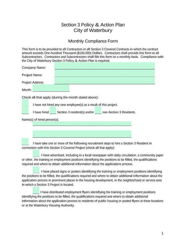 Monthly Compliance Form screenshot