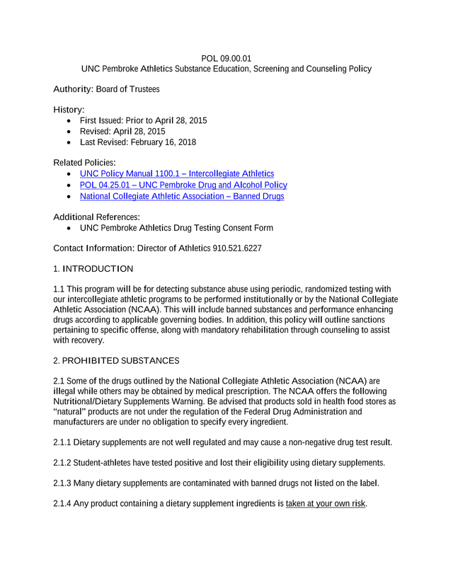 POL 09.00.01 UNC Pembroke Athletics Substance Education, Screening And Counseling Policy screenshot